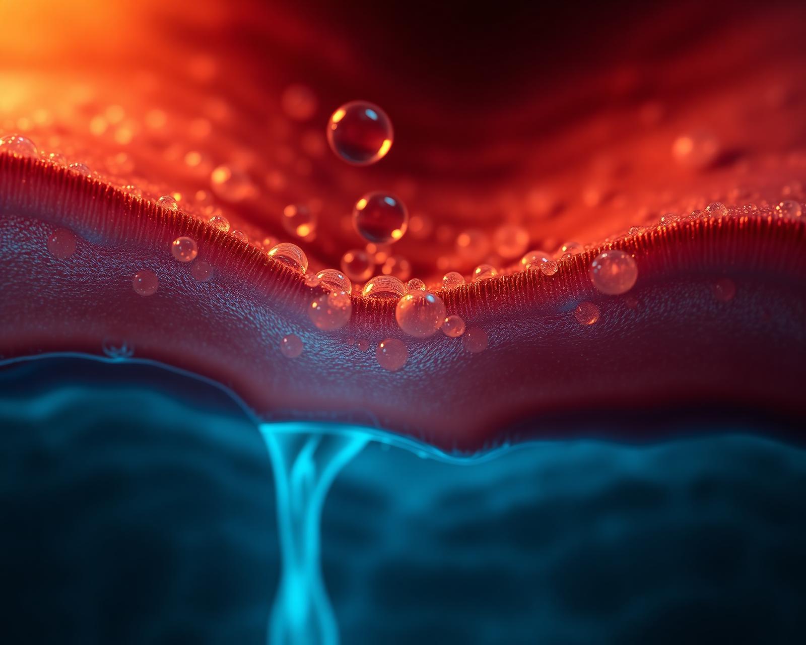 Macro cross-section of skin with sweat and molecular structures