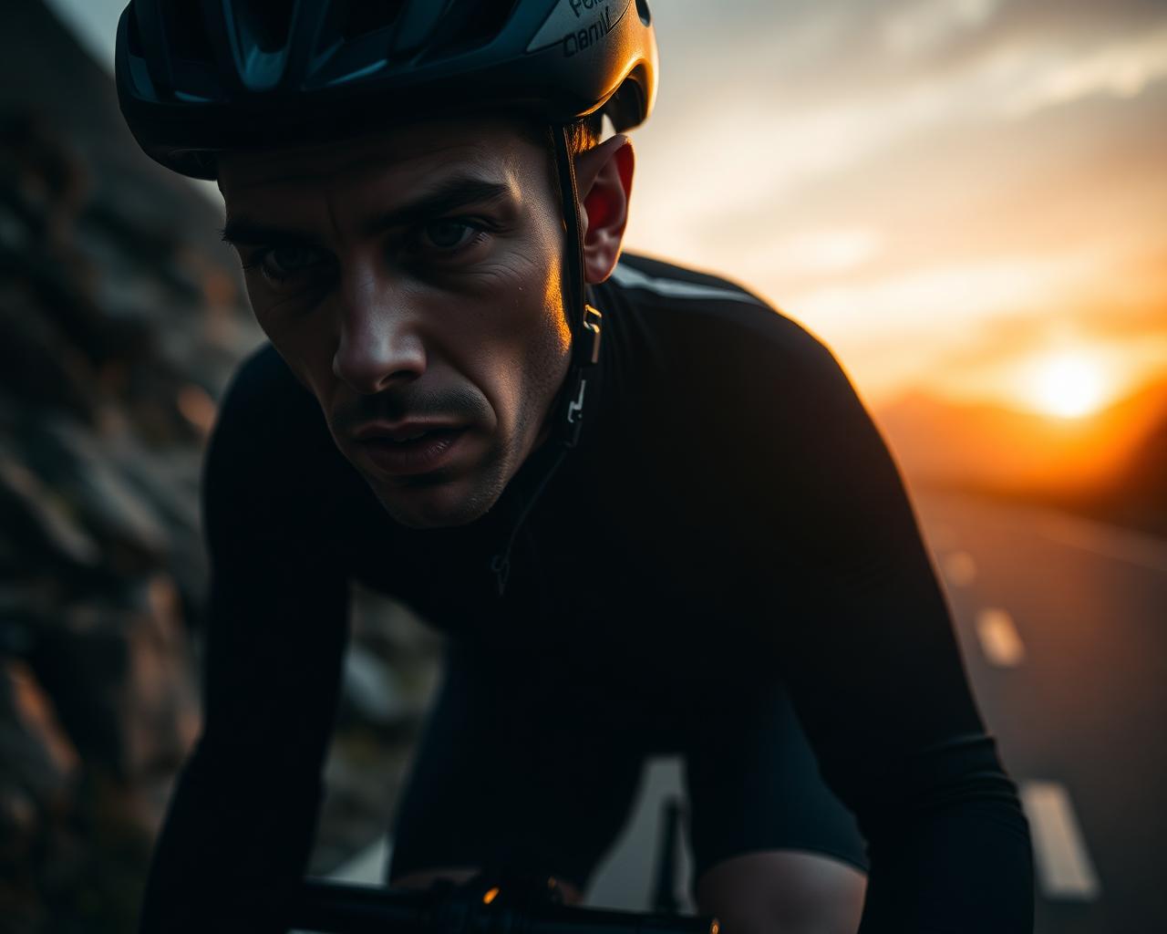 Cyclist climbing at sunset